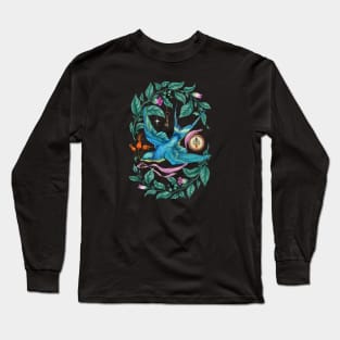 A bird, Nightshade, a key, a compass. Black background Long Sleeve T-Shirt